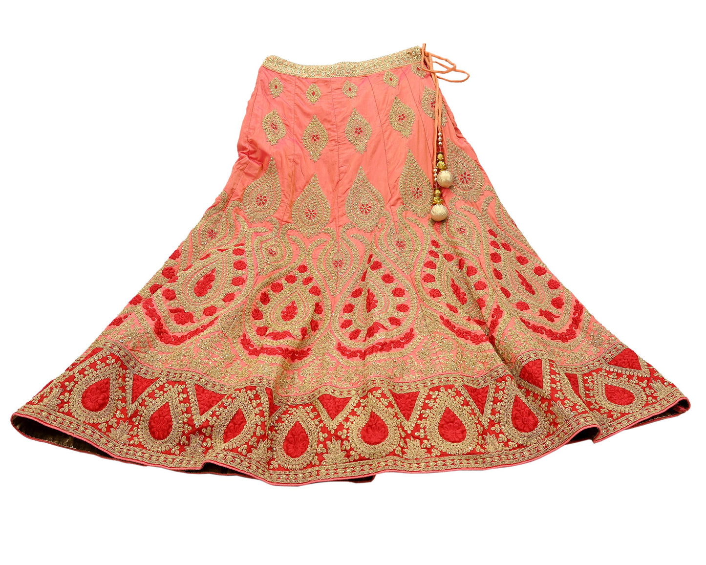 Indian Vintage Wedding Peach Silk Hand Embroidered Skirt Bridal Party Wear Bollywood Lehenga Zari