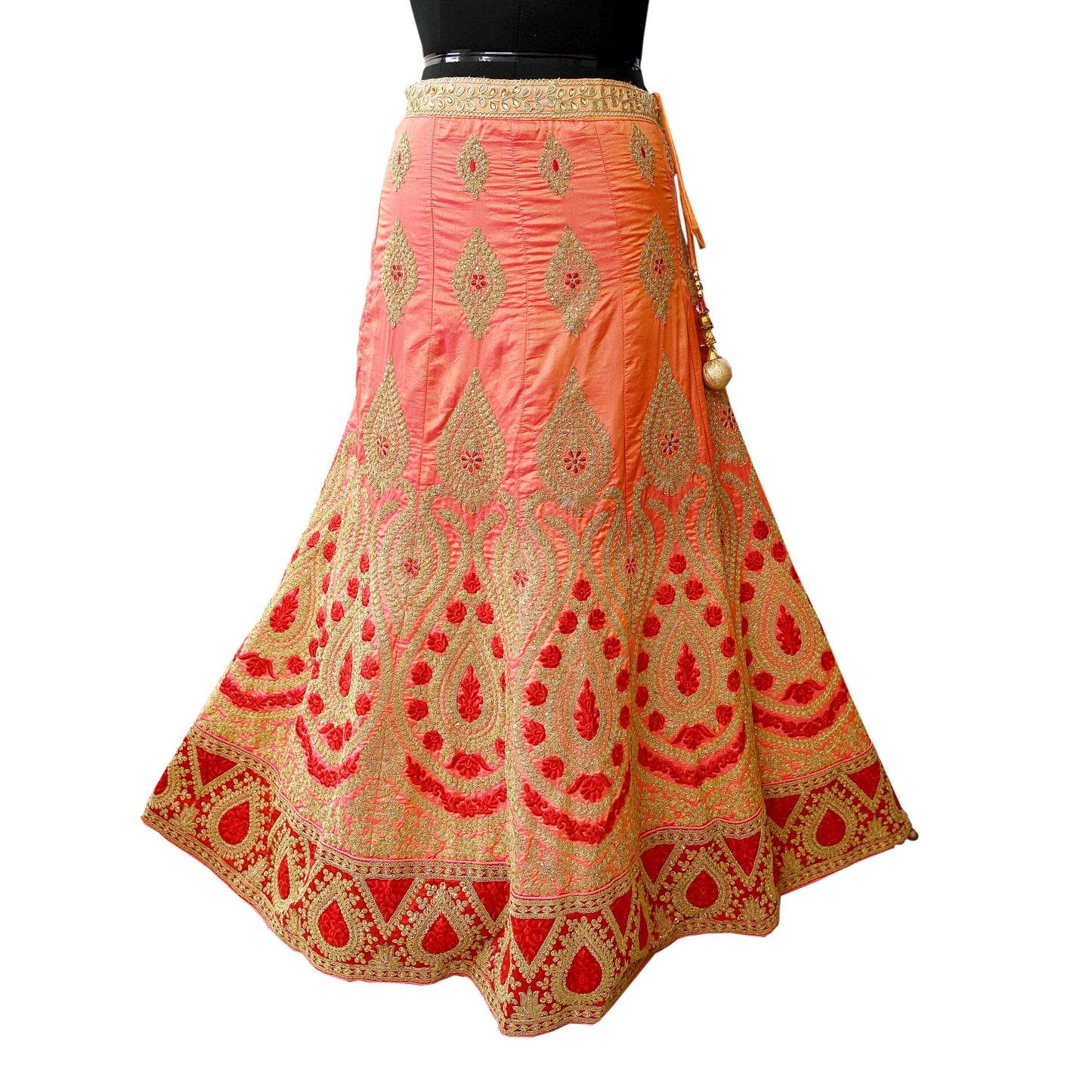Indian Vintage Wedding Peach Silk Hand Embroidered Skirt Bridal Party Wear Bollywood Lehenga Zari