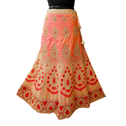 Indian Vintage Wedding Peach Silk Hand Embroidered Skirt Bridal Party Wear Bollywood Lehenga Zari