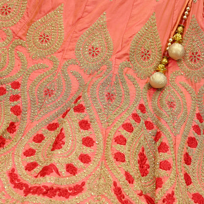 Indian Vintage Wedding Peach Silk Hand Embroidered Skirt Bridal Party Wear Bollywood Lehenga Zari
