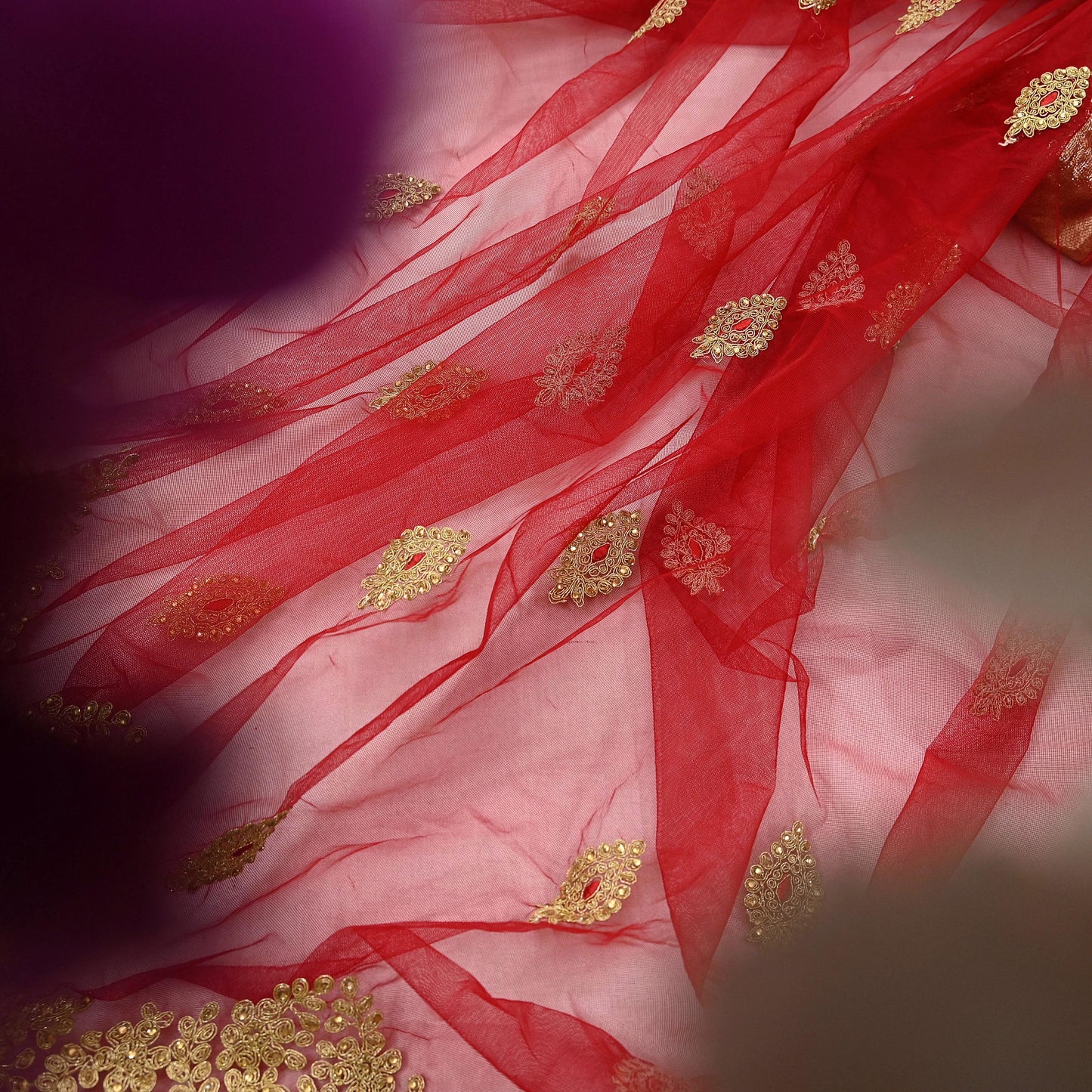 Indian Vintage Heavy Bridal Dupatta Red Net Mesh Long Stole Hand Embroidered Scarves  Patti Wedding/Party Wear