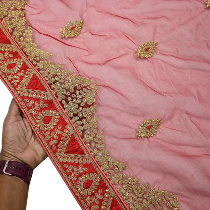 Indian Vintage Heavy Bridal Dupatta Red Net Mesh Long Stole Hand Embroidered Scarves  Patti Wedding/Party Wear