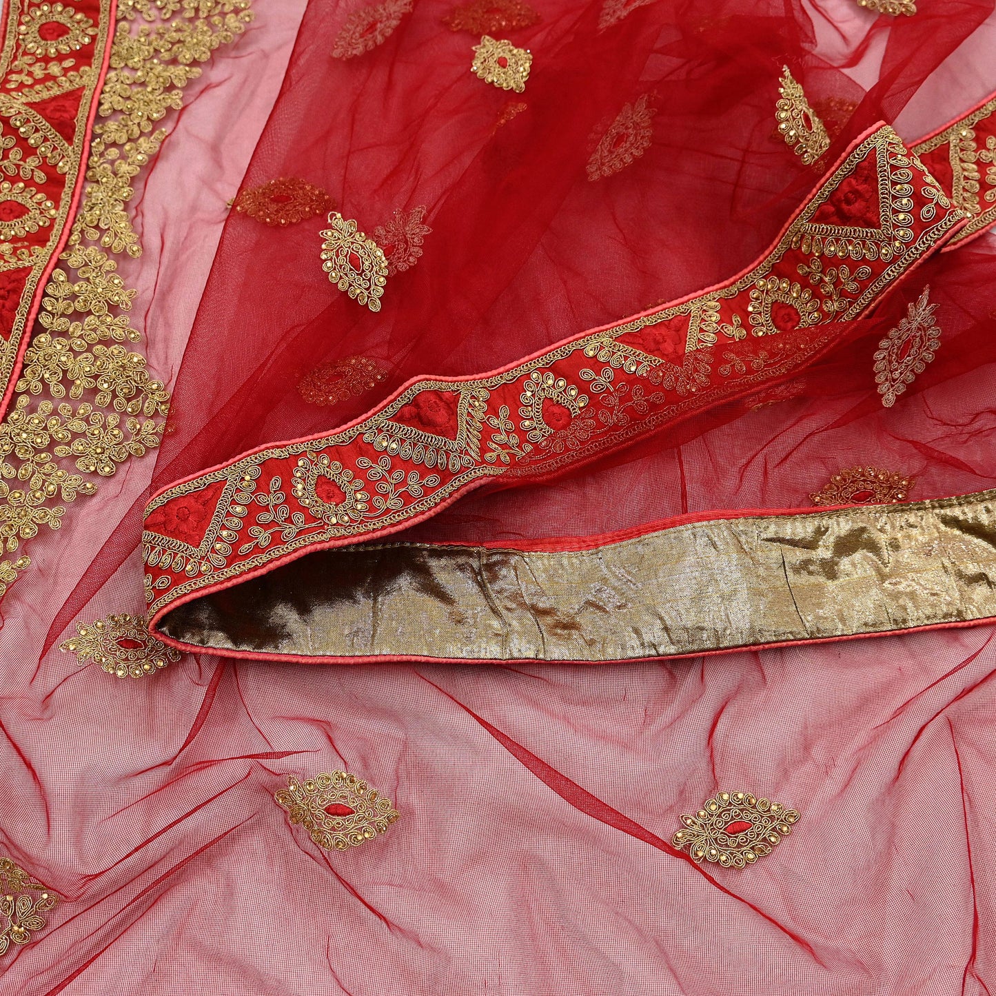 Indian Vintage Heavy Bridal Dupatta Red Net Mesh Long Stole Hand Embroidered Scarves  Patti Wedding/Party Wear