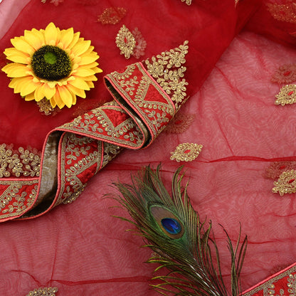 Indian Vintage Heavy Bridal Dupatta Red Net Mesh Long Stole Hand Embroidered Scarves  Patti Wedding/Party Wear