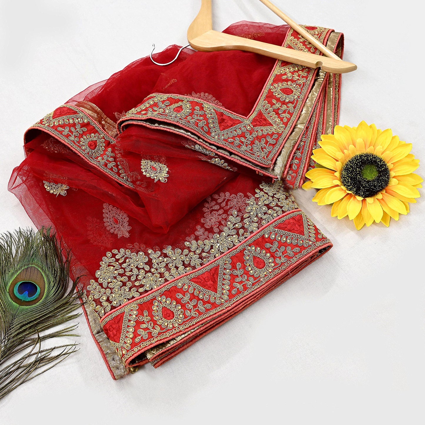 Indian Vintage Heavy Bridal Dupatta Red Net Mesh Long Stole Hand Embroidered Scarves  Patti Wedding/Party Wear