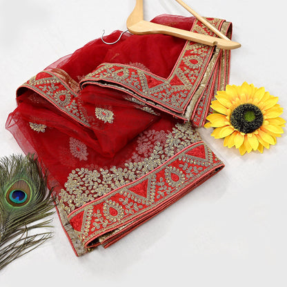 Indian Vintage Heavy Bridal Dupatta Red Net Mesh Long Stole Hand Embroidered Scarves  Patti Wedding/Party Wear