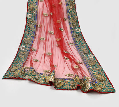 Indian Heavy Wedding Dupatta Red Net Long Stole Hand Embroidered By Designer Sabyasachi Scarves Zardozi Bridal Veil