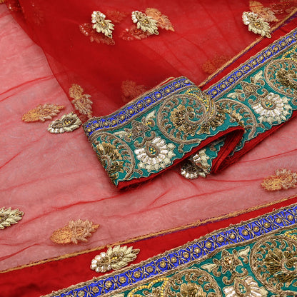 Indian Heavy Wedding Dupatta Red Net Long Stole Hand Embroidered By Designer Sabyasachi Scarves Zardozi Bridal Veil