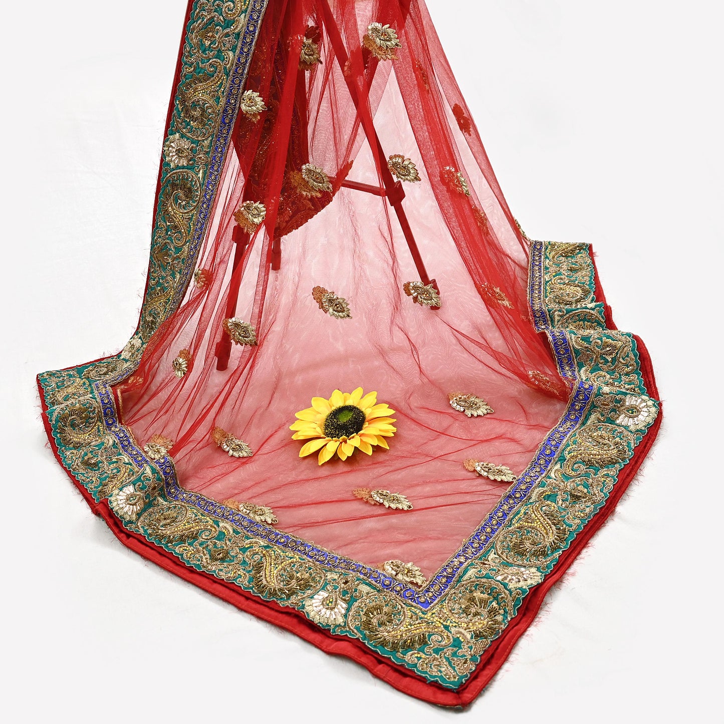 Indian Heavy Wedding Dupatta Red Net Long Stole Hand Embroidered By Designer Sabyasachi Scarves Zardozi Bridal Veil