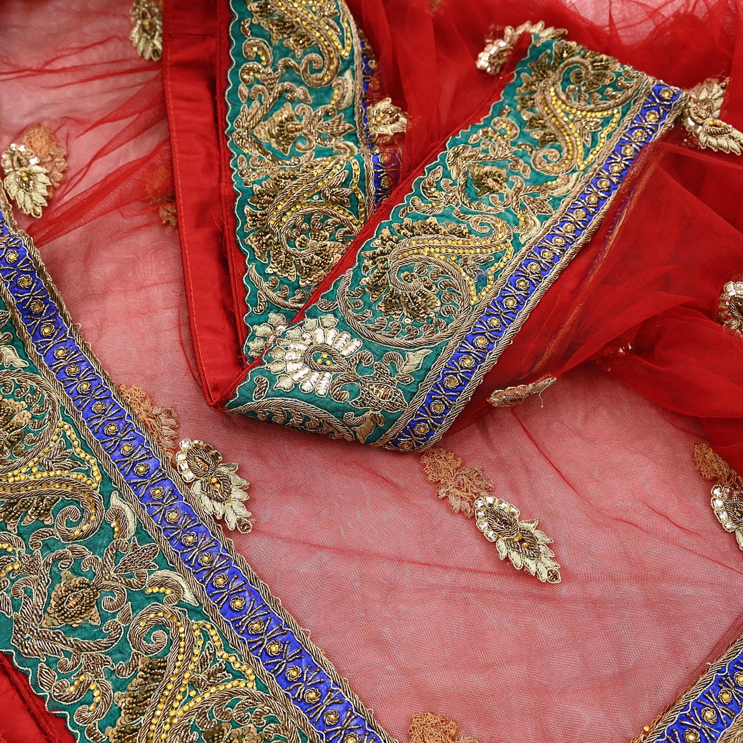 Indian Heavy Wedding Dupatta Red Net Long Stole Hand Embroidered By Designer Sabyasachi Scarves Zardozi Bridal Veil