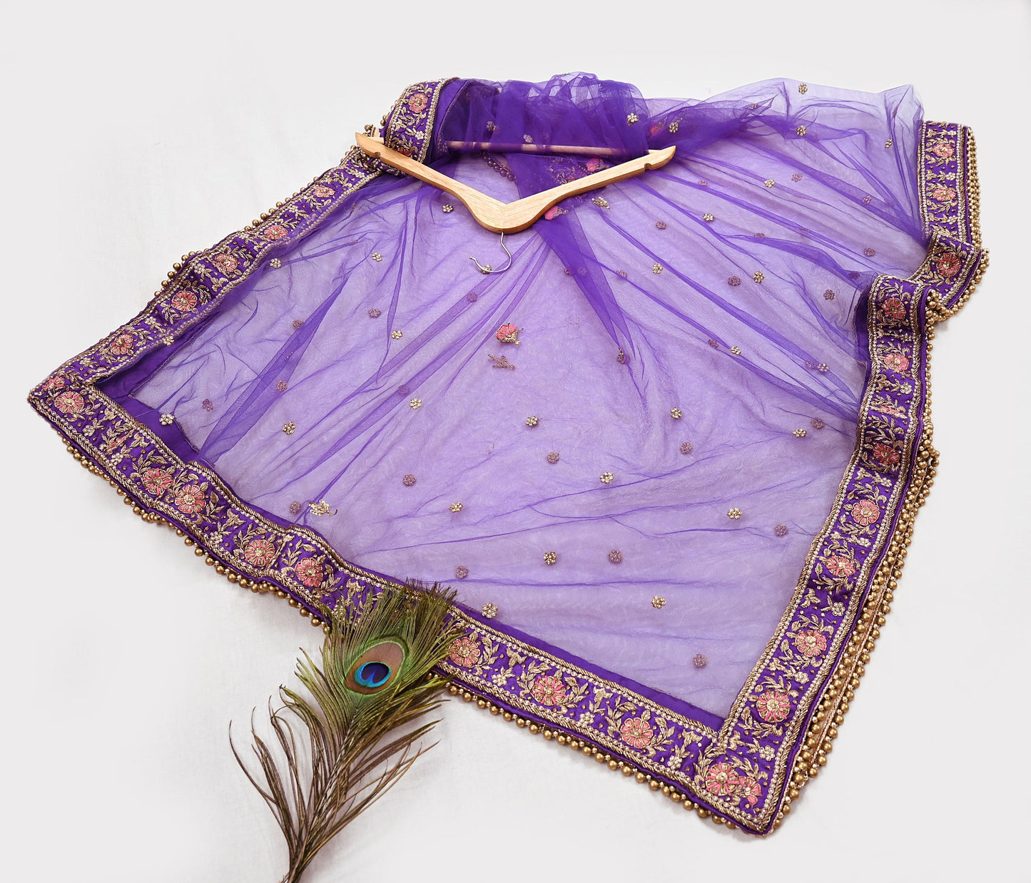 Indian Vintage Heavy Purple Dupatta Net Mesh Long Stole Hand Embroidered Scarves Golden Zardozi Dabka Zari Stole Bridal/ Wedding veil