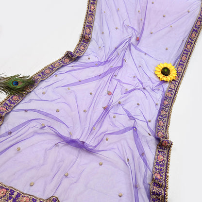 Indian Vintage Heavy Purple Dupatta Net Mesh Long Stole Hand Embroidered Scarves Golden Zardozi Dabka Zari Stole Bridal/ Wedding veil