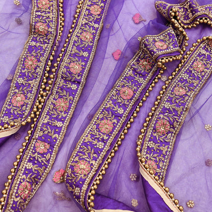 Indian Vintage Heavy Purple Dupatta Net Mesh Long Stole Hand Embroidered Scarves Golden Zardozi Dabka Zari Stole Bridal/ Wedding veil