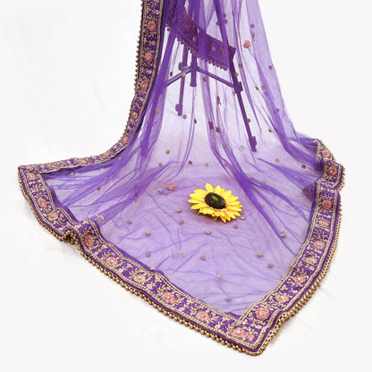 Indian Vintage Heavy Purple Dupatta Net Mesh Long Stole Hand Embroidered Scarves Golden Zardozi Dabka Zari Stole Bridal/ Wedding veil