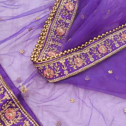Indian Vintage Heavy Purple Dupatta Net Mesh Long Stole Hand Embroidered Scarves Golden Zardozi Dabka Zari Stole Bridal/ Wedding veil