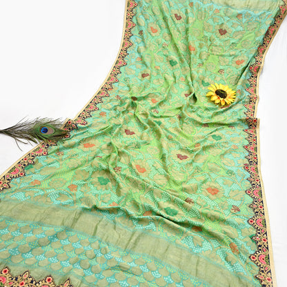 Indian Vintage Heavy Green Pure georgette silk Hand Embroidered Bandhani Dupatta Designer By Anamika Khanna Bridal Wear Veil Hijab