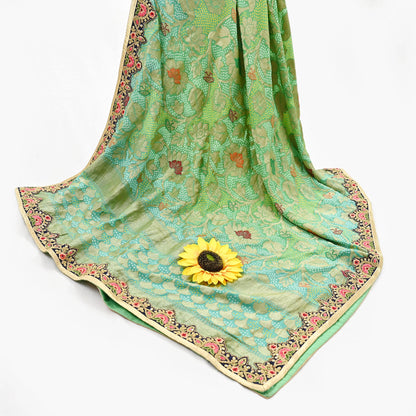 Indian Vintage Heavy Green Pure georgette silk Hand Embroidered Bandhani Dupatta Designer By Anamika Khanna Bridal Wear Veil Hijab
