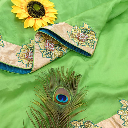 Indian Pre-owned Heavy Green Pure Organza Silk Hand Embroidered Dupatta Designer By Manish Malhotra Zardozi Bridal Veil