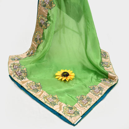 Indian Pre-owned Heavy Green Pure Organza Silk Hand Embroidered Dupatta Designer By Manish Malhotra Zardozi Bridal Veil