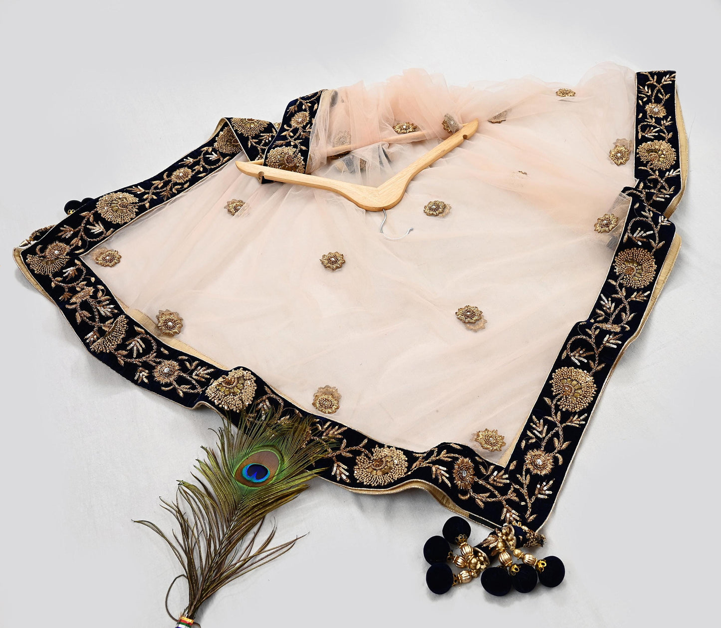 Indian Pre-owned Heavy Blue & Peach Velvet/Net Hand Embroidered Lehenga 3pcs Set By Designer Sabyasachi Bridal Wear With Padded Blouse