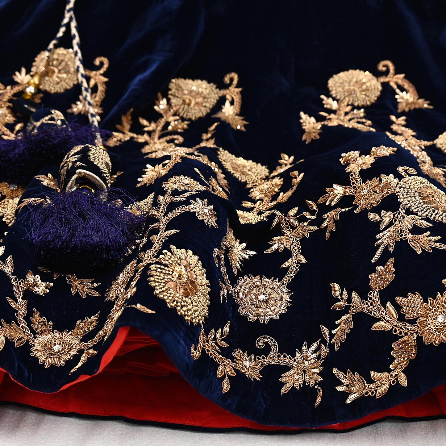 Indian Vintage Heavy Blue Velvet Hand Embroidered Lehenga Skirt By Designer Sabyasachi Bridal Wear Dabka/ Zardozi