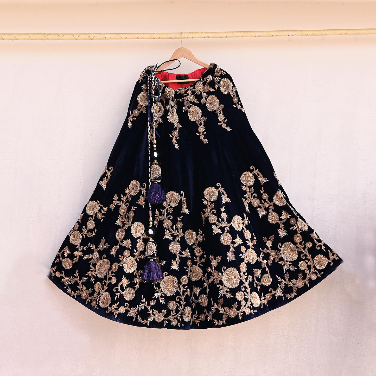 Indian Vintage Heavy Blue Velvet Hand Embroidered Lehenga Skirt By Designer Sabyasachi Bridal Wear Dabka/ Zardozi