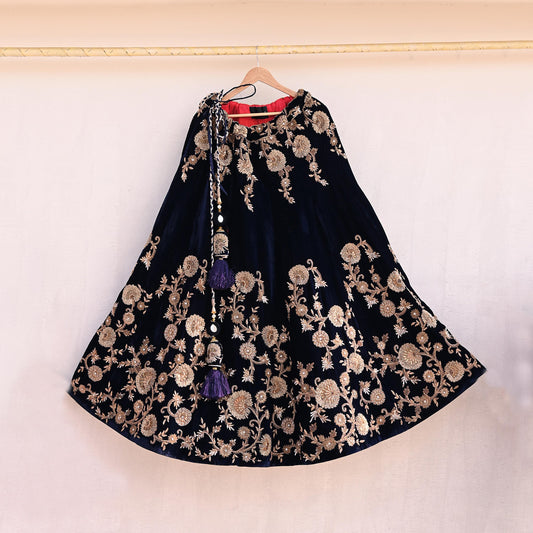 Indian Vintage Heavy Blue Velvet Hand Embroidered Lehenga Skirt By Designer Sabyasachi Bridal Wear Dabka/ Zardozi