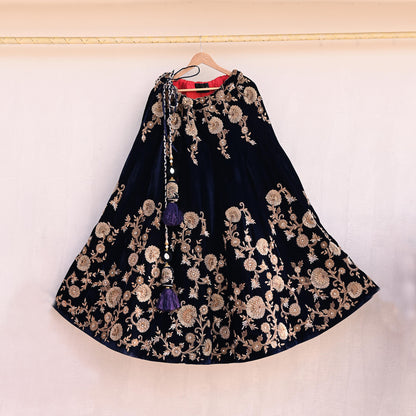 Indian Vintage Heavy Blue Velvet Hand Embroidered Lehenga Skirt By Designer Sabyasachi Bridal Wear Dabka/ Zardozi