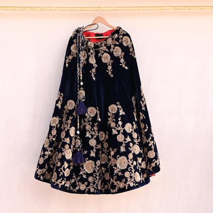 Indian Vintage Heavy Blue Velvet Hand Embroidered Lehenga Skirt By Designer Sabyasachi Bridal Wear Dabka/ Zardozi