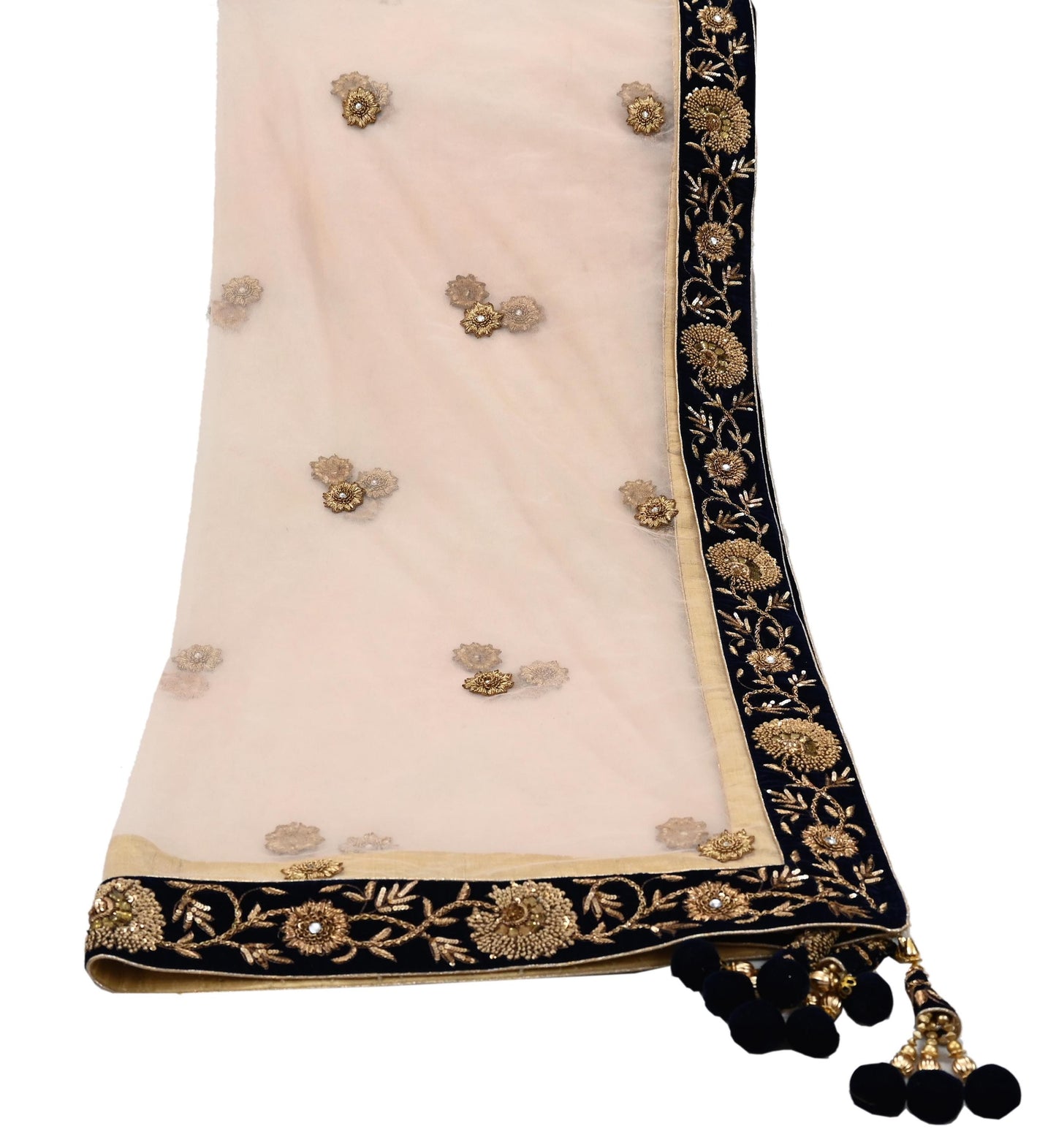 Indian Vintage Heavy Dupatta Blue Net Long Stole Hand Embroidered By Designer Sabyasachi Scarves Zardozi Bridal Veil