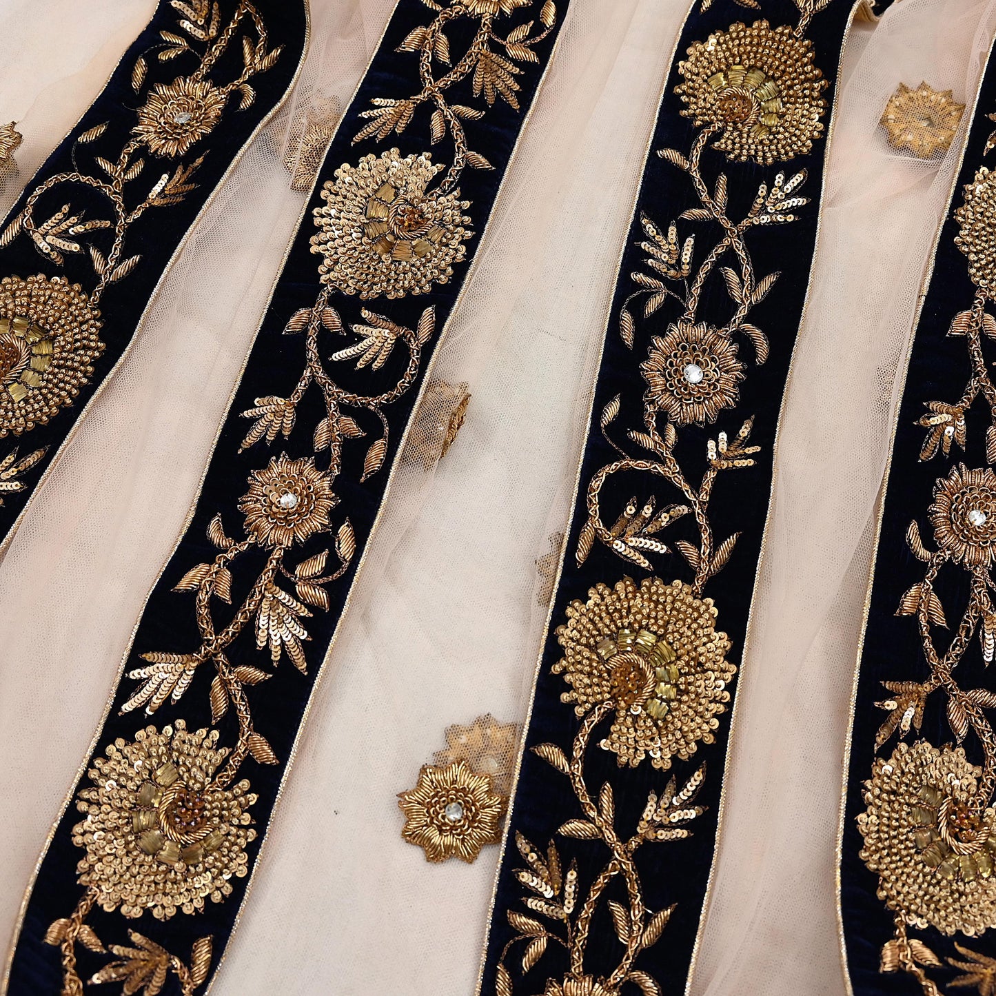 Indian Vintage Heavy Dupatta Blue Net Long Stole Hand Embroidered By Designer Sabyasachi Scarves Zardozi Bridal Veil