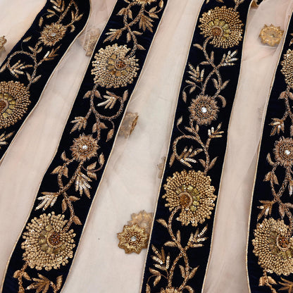 Indian Vintage Heavy Dupatta Blue Net Long Stole Hand Embroidered By Designer Sabyasachi Scarves Zardozi Bridal Veil