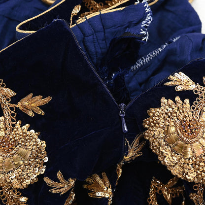 Indian Pre-owned Heavy Blue Velvet Hand Embroidered By Designer Sabyasachi Padded Blouse/Top/Crop XL Size Party wear Bollywood