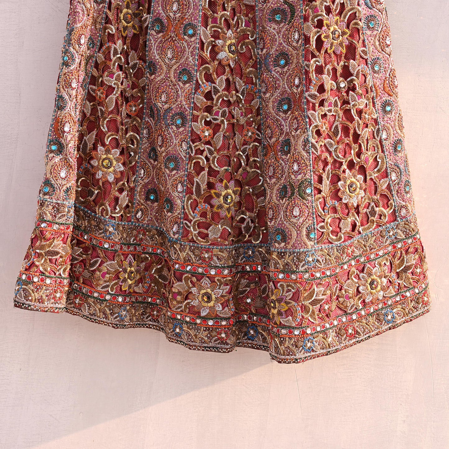 Indian Pre-Owned Heavy Wedding Red Pure Satin Silk Hand Embroidered Lehenga/Skirt Designer By Manish Malhotra Bridal Wear Zardozi/ Dabka