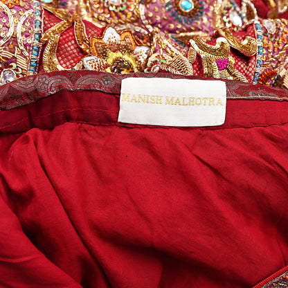 Indian Pre-Owned Heavy Wedding Red Pure Satin Silk Hand Embroidered Lehenga/Skirt Designer By Manish Malhotra Bridal Wear Zardozi/ Dabka