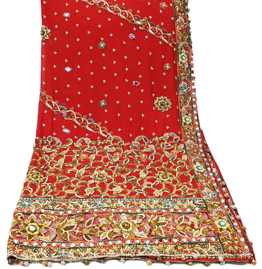 Indian Pre-owned Heavy Red Pure Georgette Silk Hand Embroidered Dupatta Designer By Manish Malhotra Bridal Wear Dabka Zardozi Veil Hijab