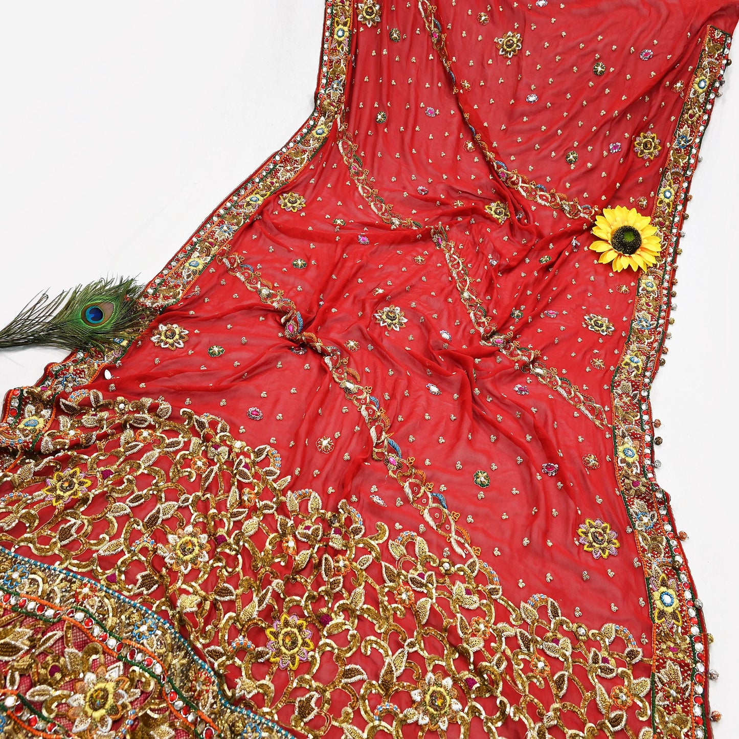 Indian Pre-owned Heavy Red Pure Georgette Silk Hand Embroidered Dupatta Designer By Manish Malhotra Bridal Wear Dabka Zardozi Veil Hijab