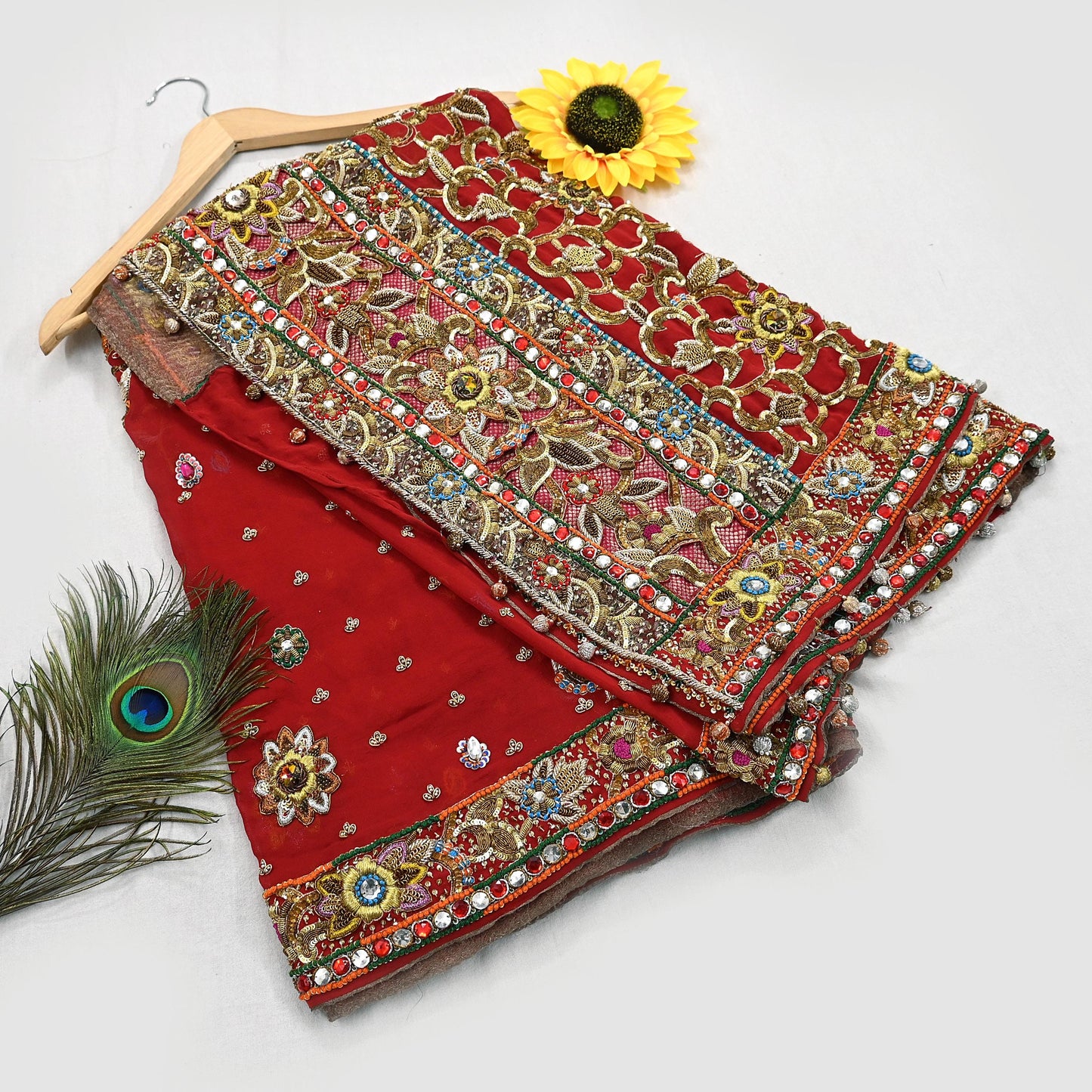 Indian Pre-owned Heavy Red Pure Georgette Silk Hand Embroidered Dupatta Designer By Manish Malhotra Bridal Wear Dabka Zardozi Veil Hijab