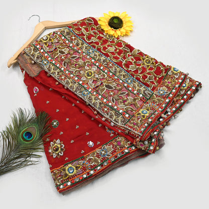 Indian Pre-owned Heavy Red Pure Georgette Silk Hand Embroidered Dupatta Designer By Manish Malhotra Bridal Wear Dabka Zardozi Veil Hijab