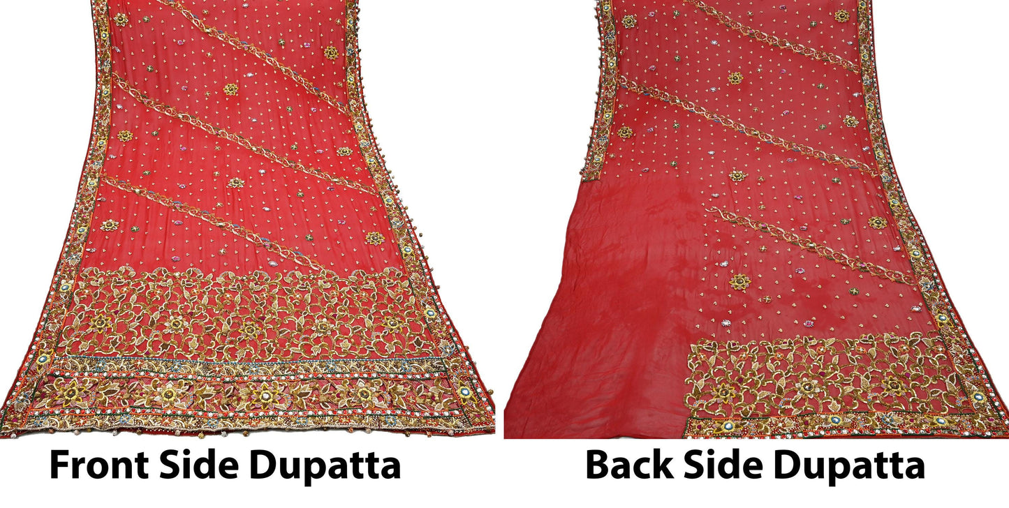 Indian Pre-owned Heavy Red Pure Georgette Silk Hand Embroidered Dupatta Designer By Manish Malhotra Bridal Wear Dabka Zardozi Veil Hijab