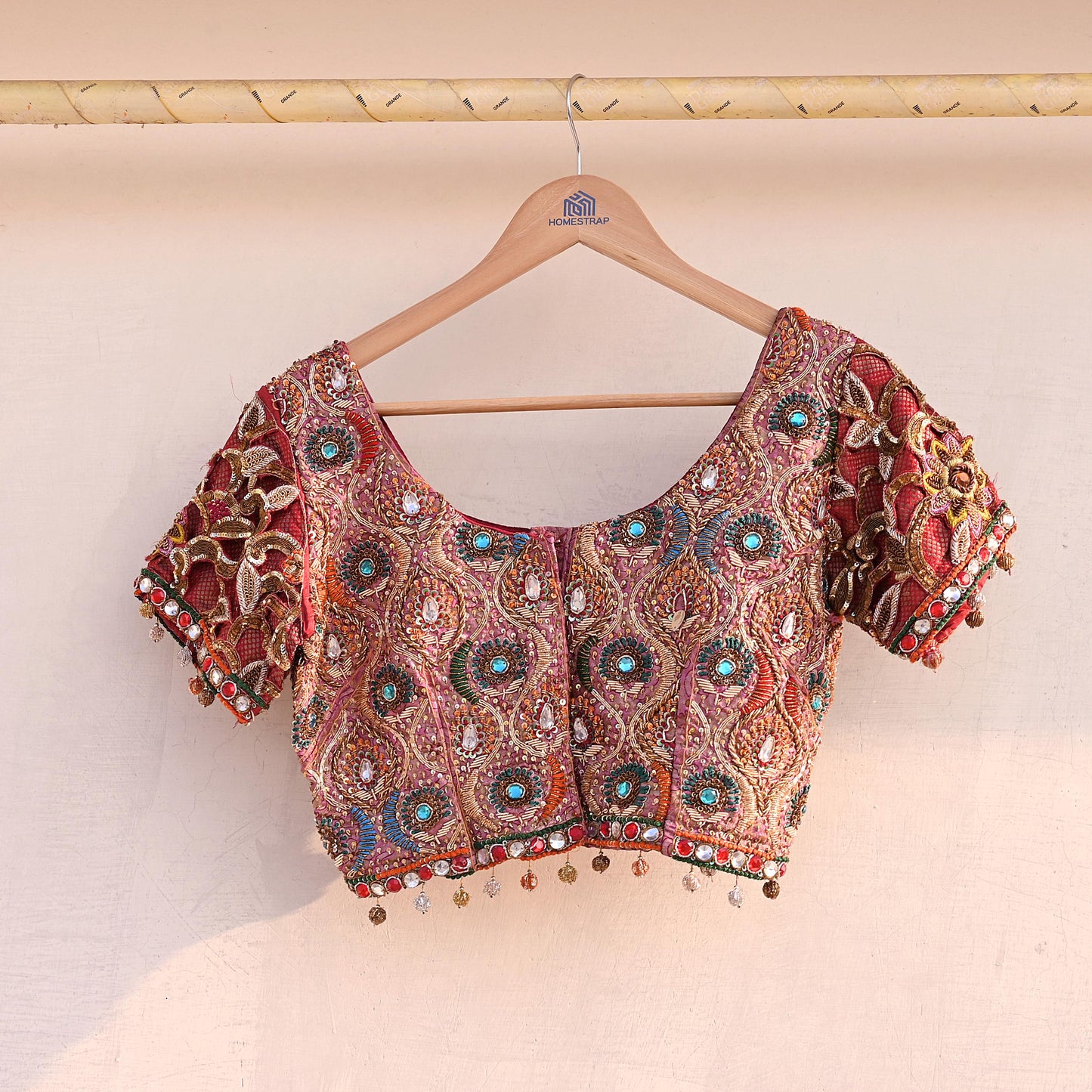 Indian Pre-owned Red Pure satin silk Hand Embroidered By Designer manish malhotra Blouse/Top/Crop M Size Party wear Bollywood