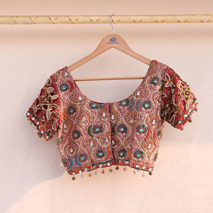 Indian Pre-owned Red Pure satin silk Hand Embroidered By Designer manish malhotra Blouse/Top/Crop M Size Party wear Bollywood