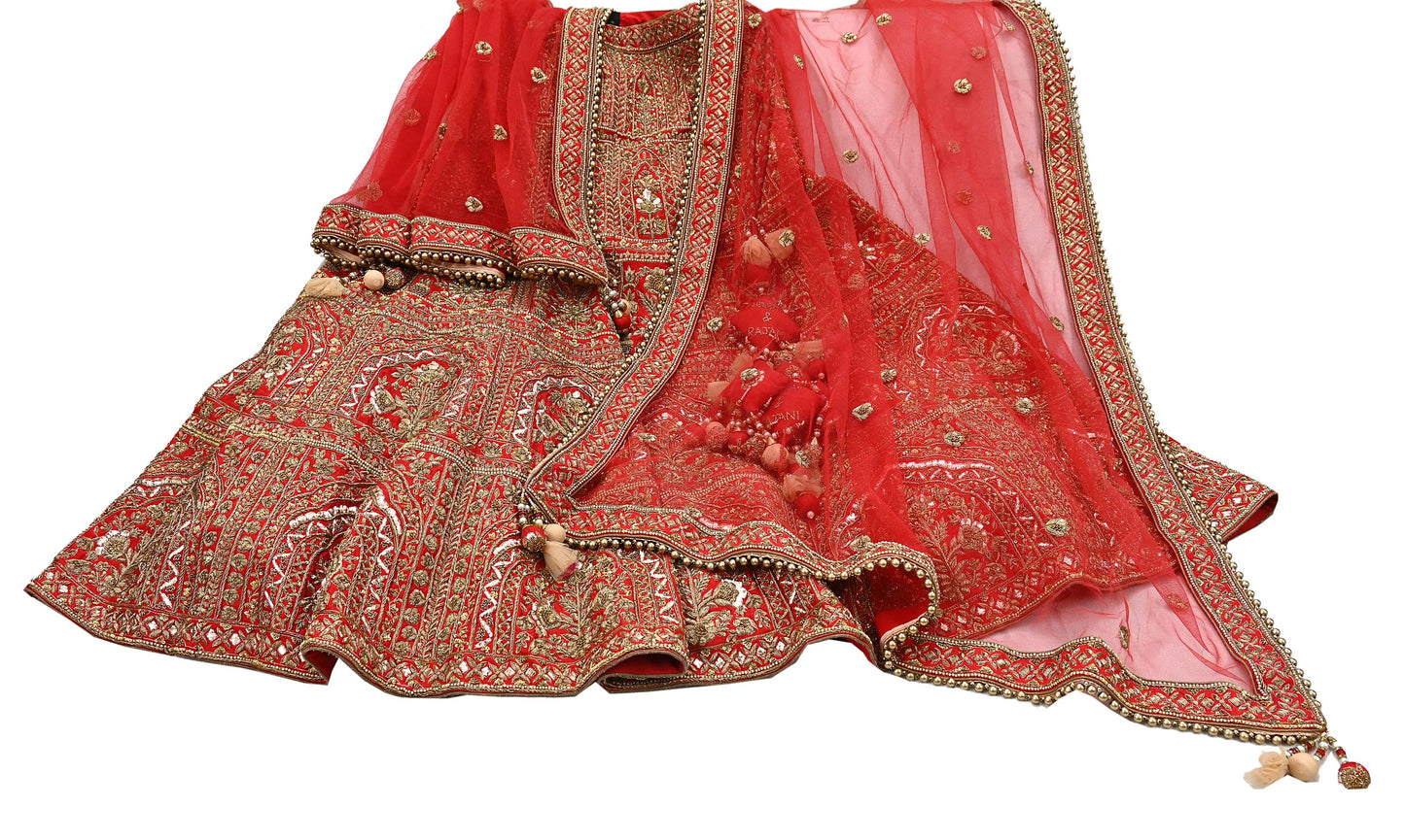 Indian Heavy Wedding Red Raw Silk/Net Hand Embroidered Lehenga 2pcs Set By Designer Sabyasachi Bridal Wear