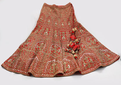 Indian Vintage Heavy Red Raw Silk Hand Embroidered semi stitched Lehenga/Skirt By Designer Sabyasachi Bridal Wear Dabka/ Zardozi
