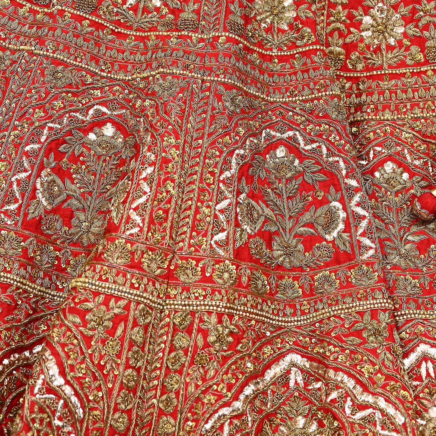 Indian Vintage Heavy Red Raw Silk Hand Embroidered semi stitched Lehenga/Skirt By Designer Sabyasachi Bridal Wear Dabka/ Zardozi