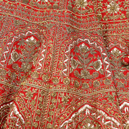 Indian Vintage Heavy Red Raw Silk Hand Embroidered semi stitched Lehenga/Skirt By Designer Sabyasachi Bridal Wear Dabka/ Zardozi