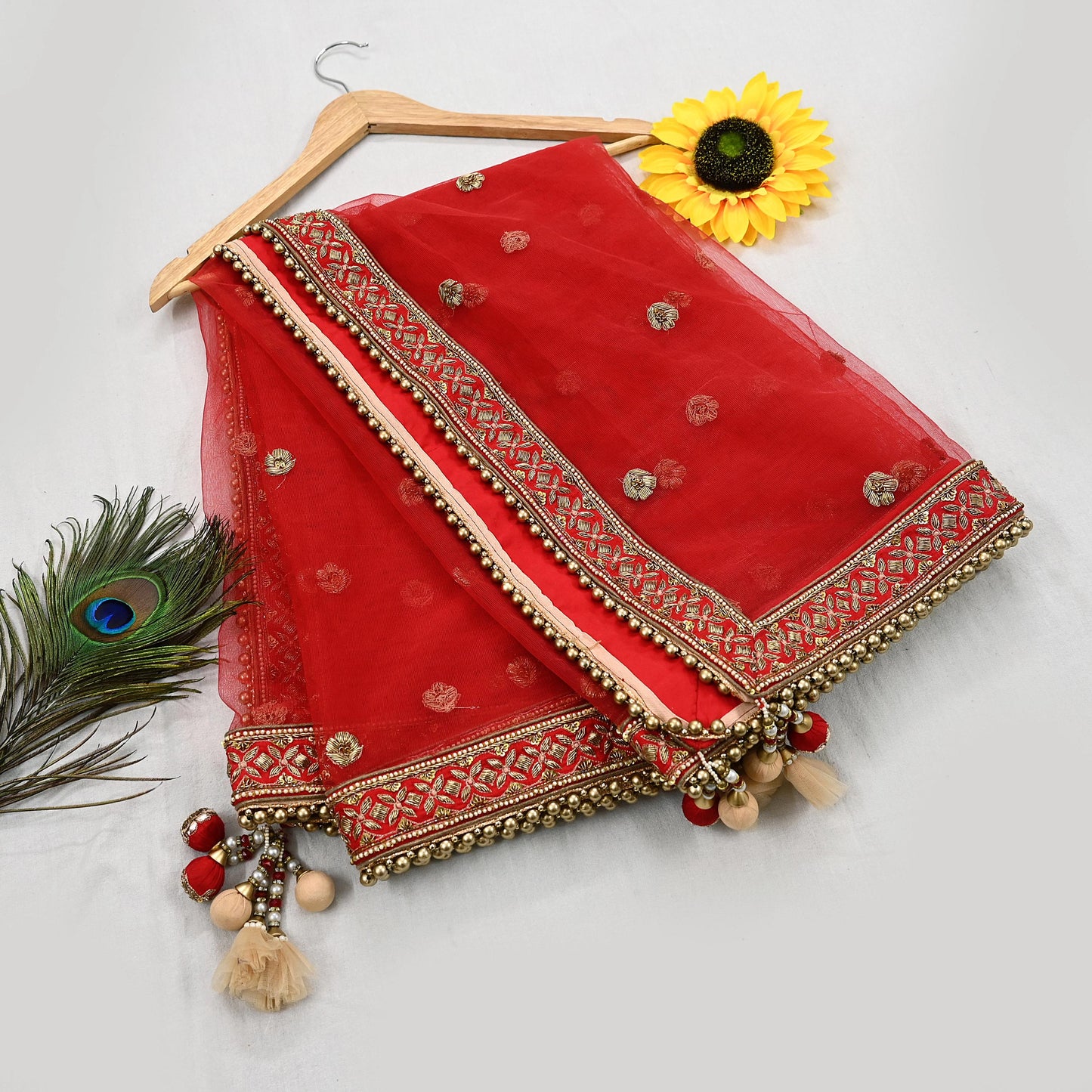 Indian Heavy Wedding Dupatta Red Net Long Stole Hand Embroidered By Designer Sabyasachi Scarves Zardozi Bridal Veil