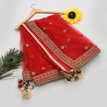 Indian Heavy Wedding Dupatta Red Net Long Stole Hand Embroidered By Designer Sabyasachi Scarves Zardozi Bridal Veil