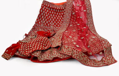 Indian Heavy Wedding Red Velvet/Net Hand Embroidered Semi Stitched Lehenga Set of 3pcs Bollywood style wedding wear