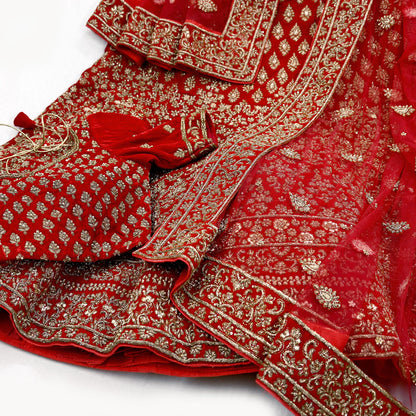 Indian Heavy Wedding Red Velvet/Net Hand Embroidered Semi Stitched Lehenga Set of 3pcs Bollywood style wedding wear